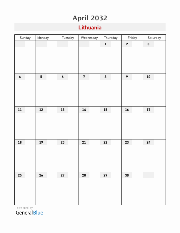 Lithuania April 2032 Calendar with Holidays