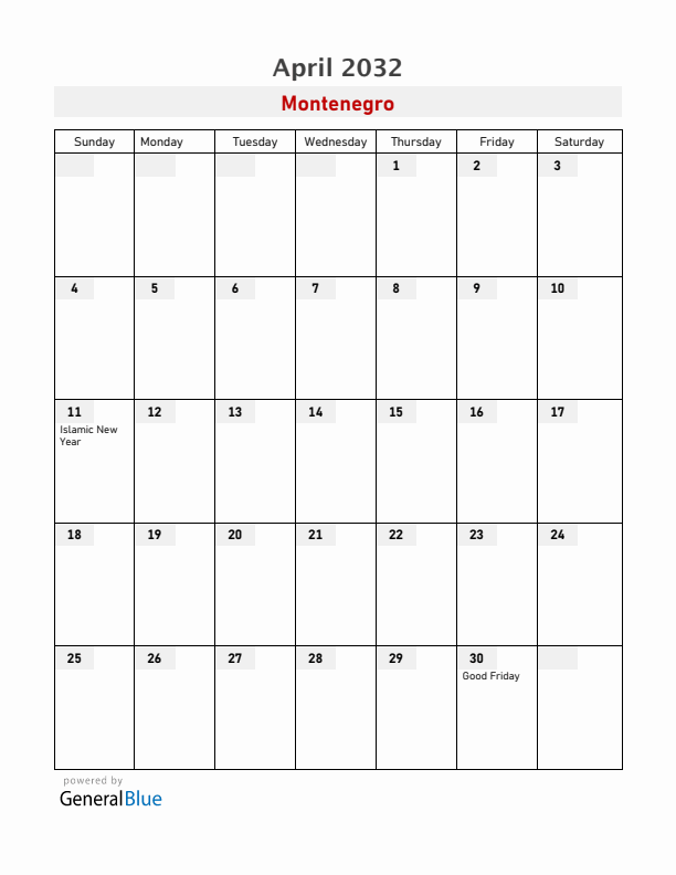 Montenegro April 2032 Calendar with Holidays