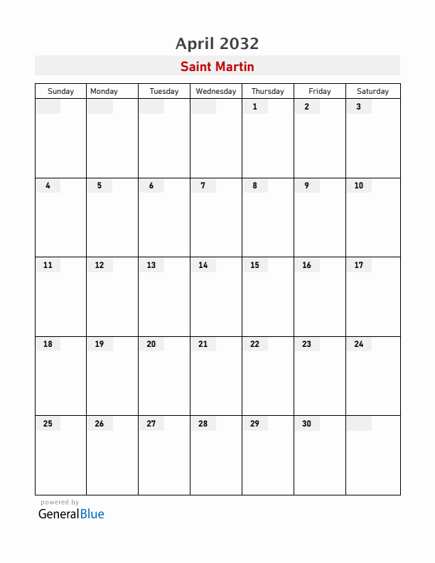 Saint Martin April 2032 Calendar with Holidays
