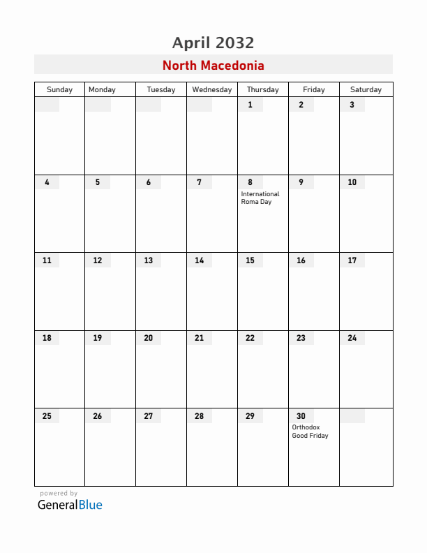North Macedonia April 2032 Calendar with Holidays