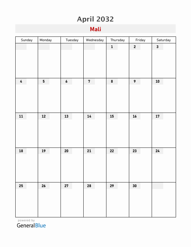 Mali April 2032 Calendar with Holidays