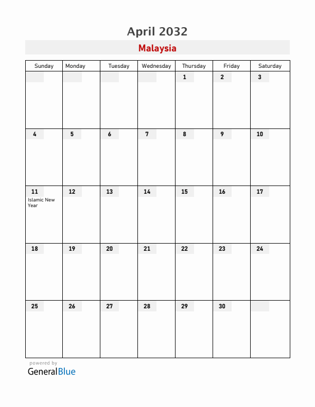 Malaysia April 2032 Calendar with Holidays