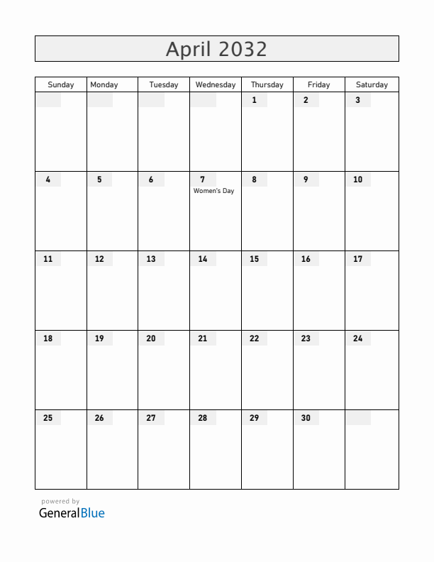 Mozambique April 2032 Calendar with Holidays