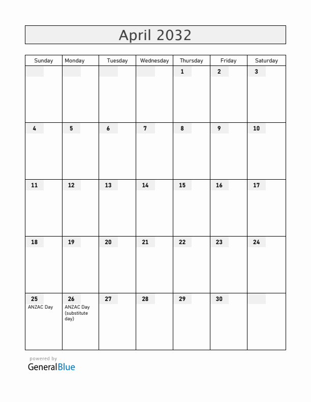 New Zealand April 2032 Calendar with Holidays