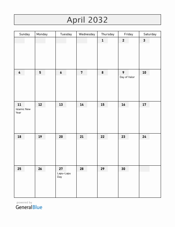 Philippines April 2032 Calendar with Holidays