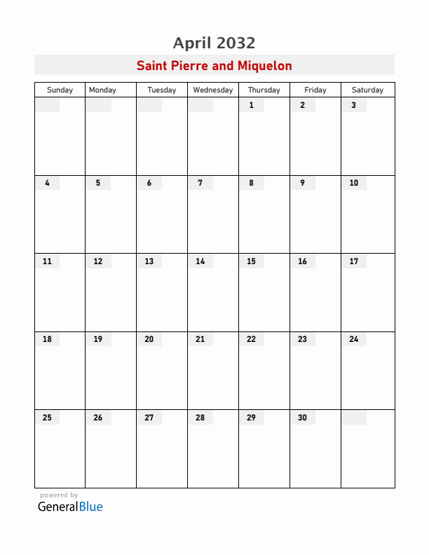 Saint Pierre and Miquelon April 2032 Calendar with Holidays