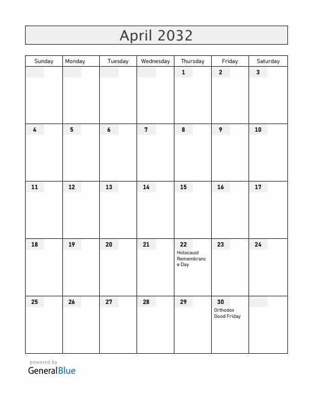 Serbia April 2032 Calendar with Holidays