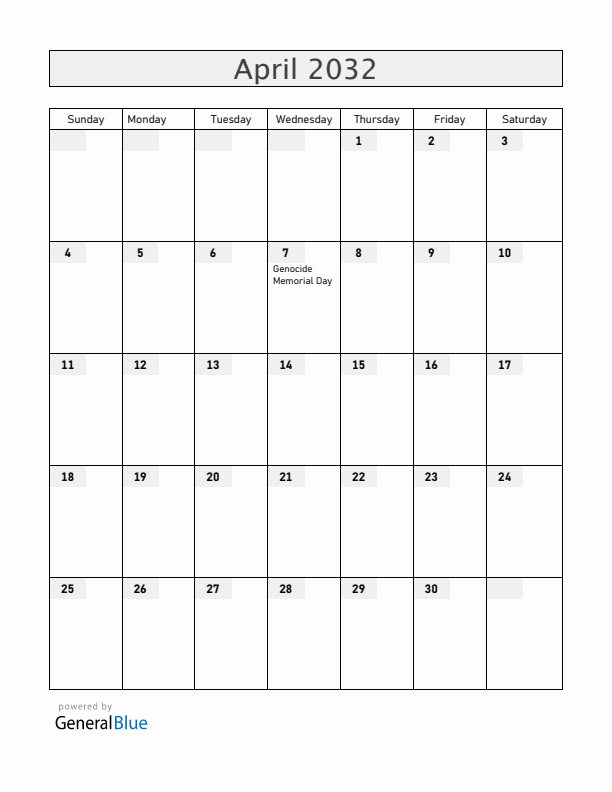 Rwanda April 2032 Calendar with Holidays