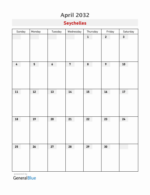 Seychelles April 2032 Calendar with Holidays