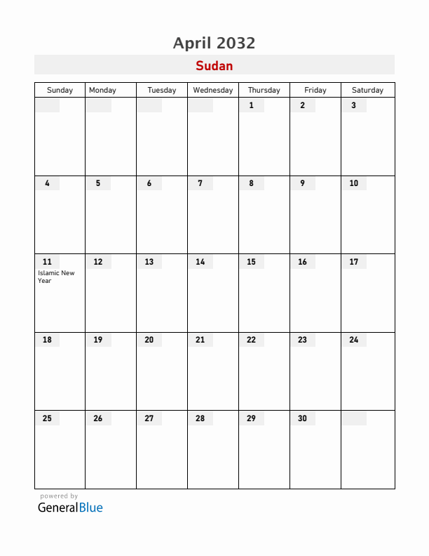 Sudan April 2032 Calendar with Holidays