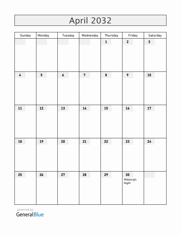 Sweden April 2032 Calendar with Holidays