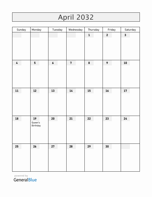 Saint Helena April 2032 Calendar with Holidays