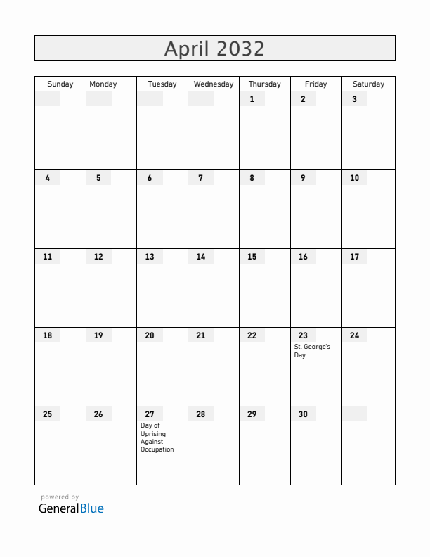 Slovenia April 2032 Calendar with Holidays