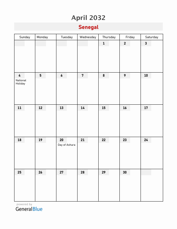 Senegal April 2032 Calendar with Holidays
