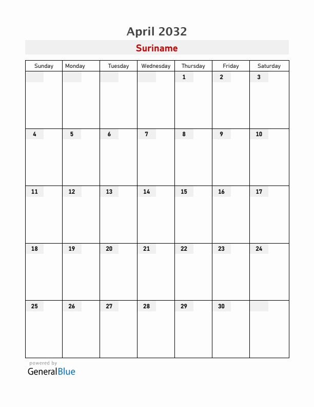 Suriname April 2032 Calendar with Holidays