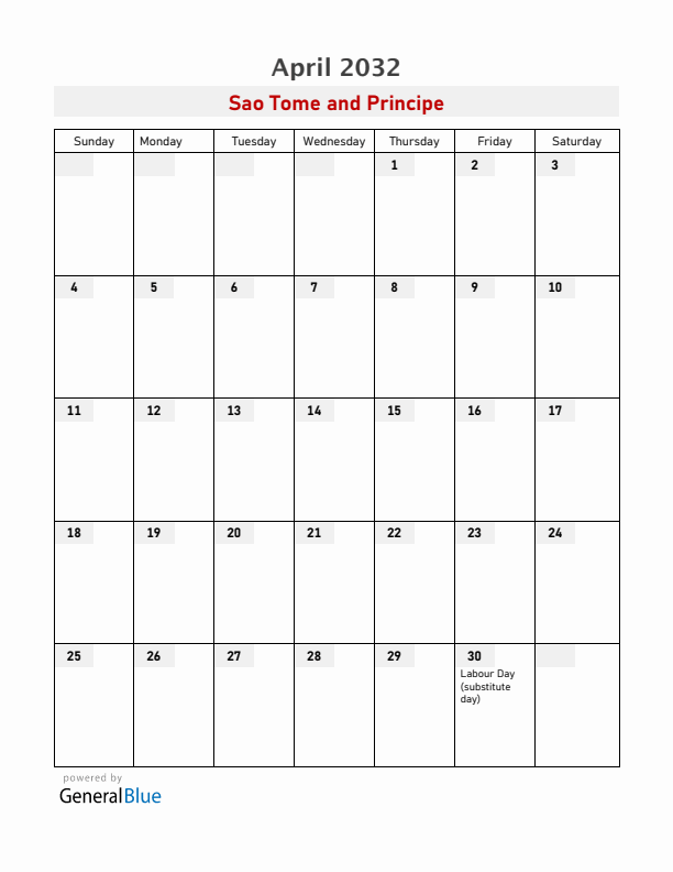 Sao Tome and Principe April 2032 Calendar with Holidays