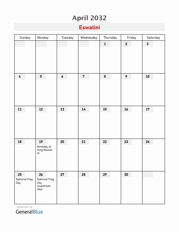 Eswatini April 2032 Calendar with Holidays