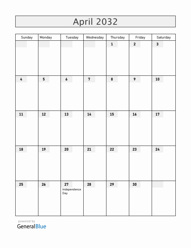 Togo April 2032 Calendar with Holidays