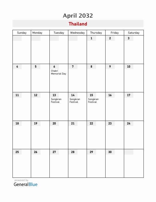 Thailand April 2032 Calendar with Holidays