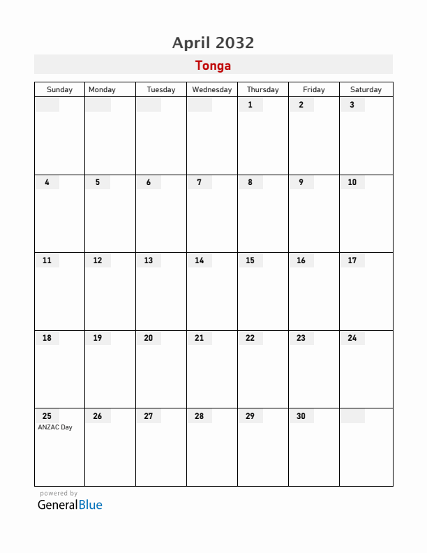 Tonga April 2032 Calendar with Holidays