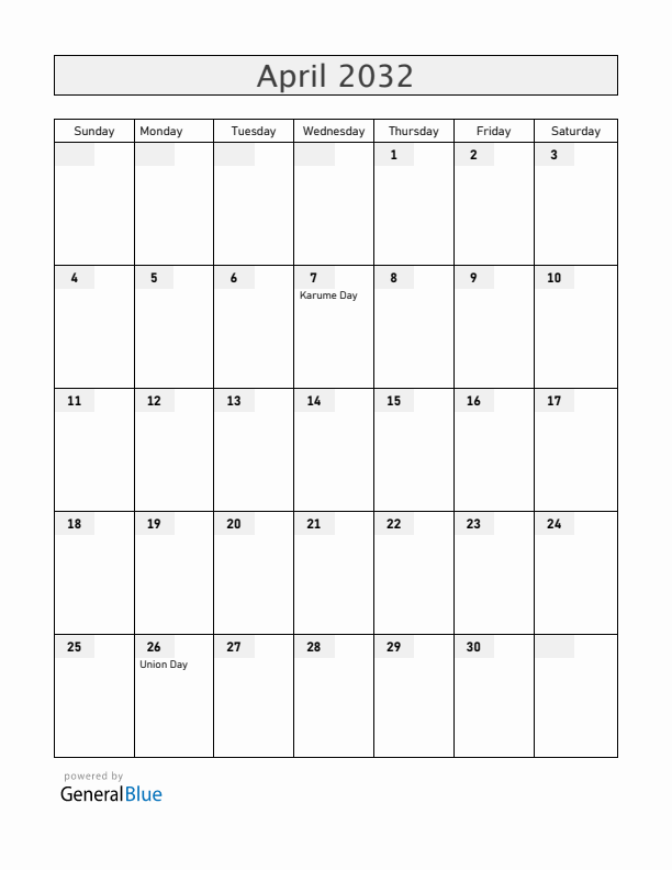 Tanzania April 2032 Calendar with Holidays