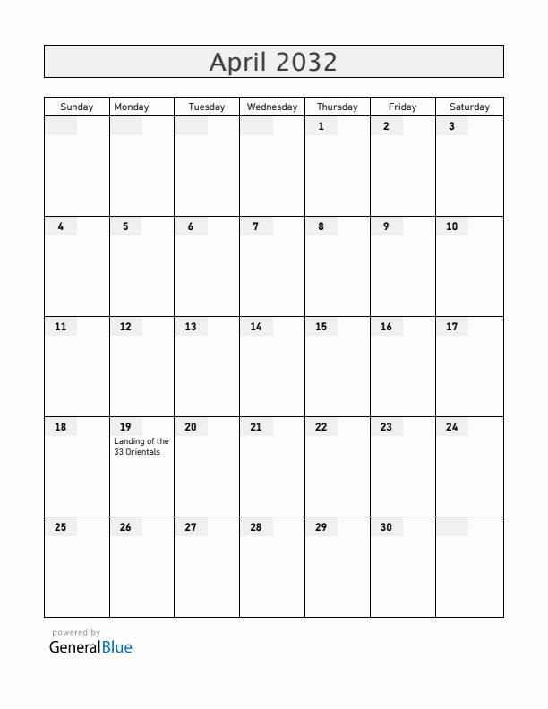 Uruguay April 2032 Calendar with Holidays