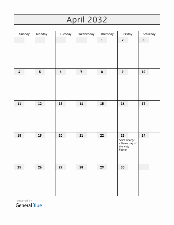 Vatican April 2032 Calendar with Holidays