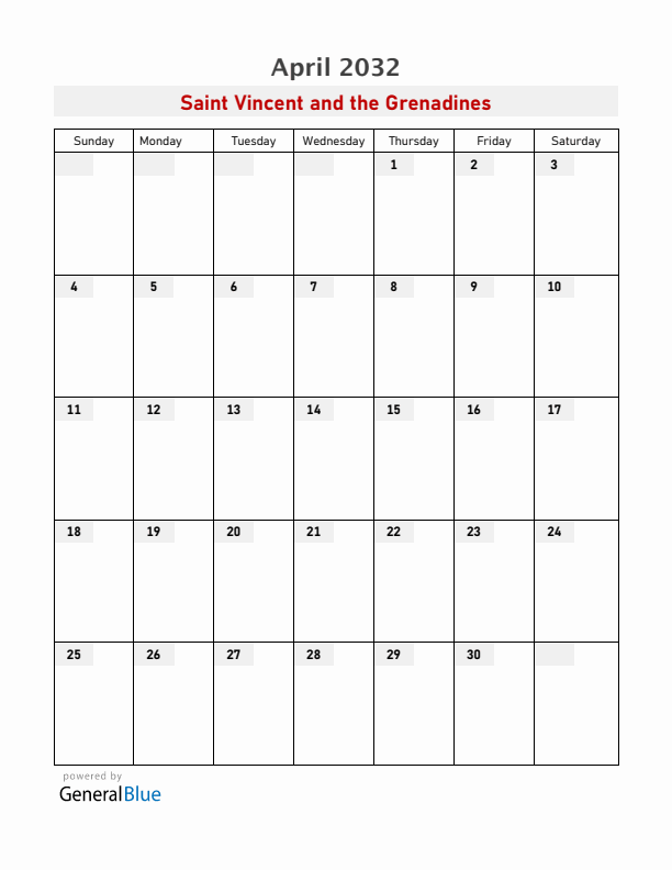 Saint Vincent and the Grenadines April 2032 Calendar with Holidays
