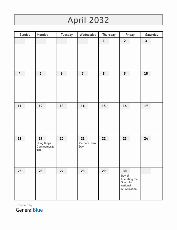 Vietnam April 2032 Calendar with Holidays