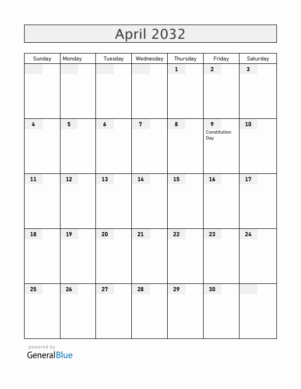Kosovo April 2032 Calendar with Holidays