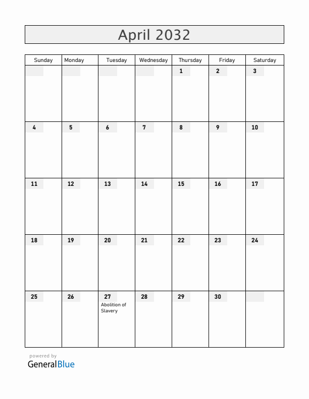 Mayotte April 2032 Calendar with Holidays