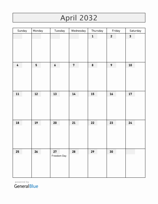 South Africa April 2032 Calendar with Holidays