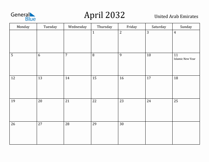 April 2032 Calendar United Arab Emirates