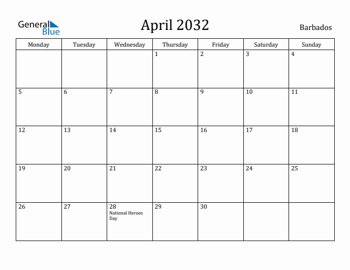 April 2032 Calendar Barbados