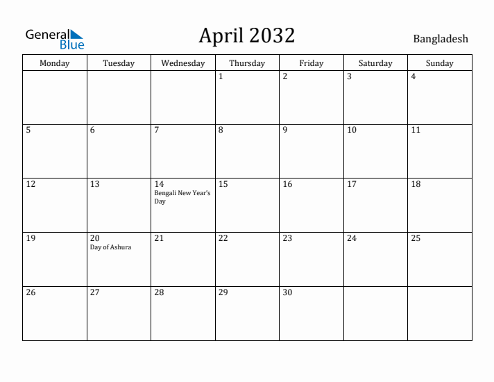 April 2032 Calendar Bangladesh