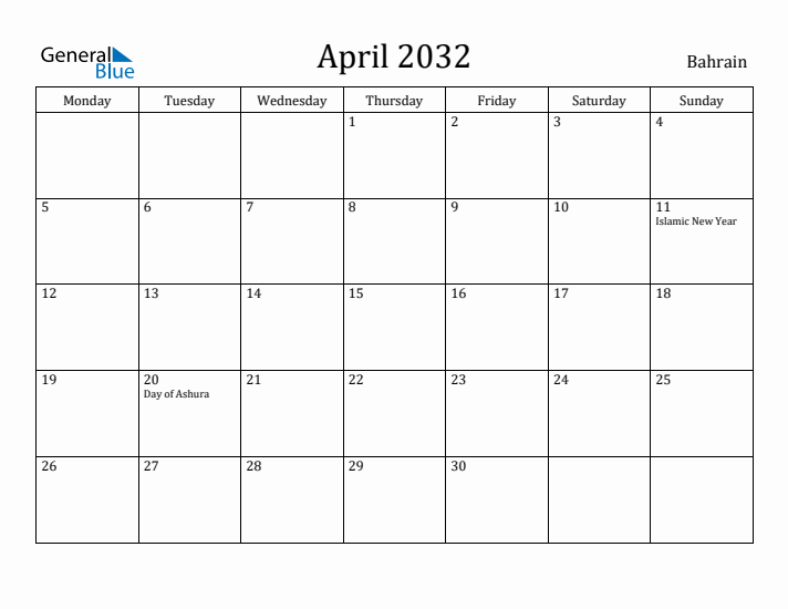 April 2032 Calendar Bahrain