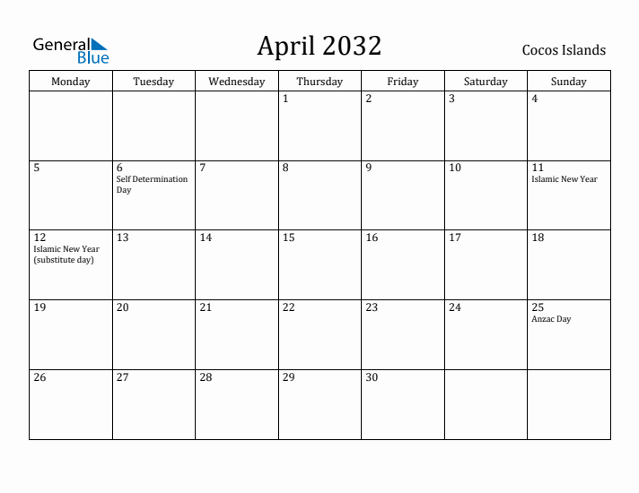 April 2032 Calendar Cocos Islands