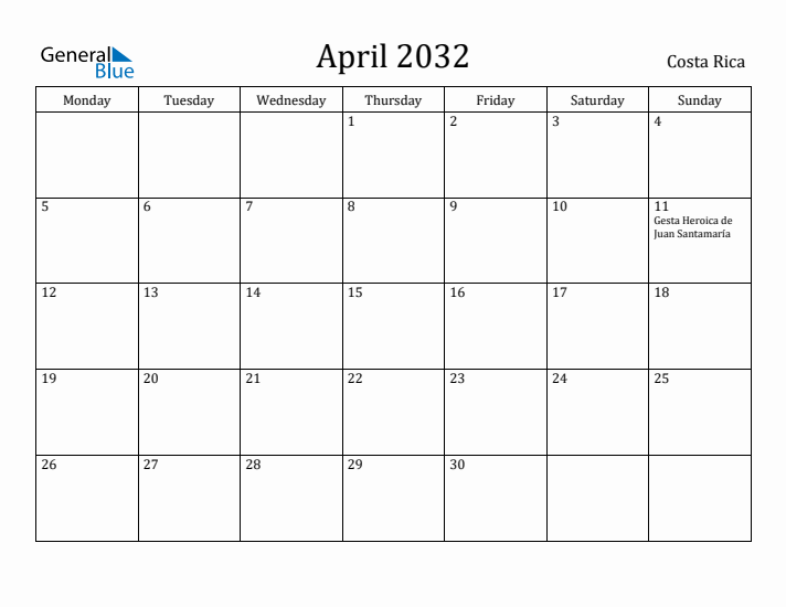 April 2032 Calendar Costa Rica