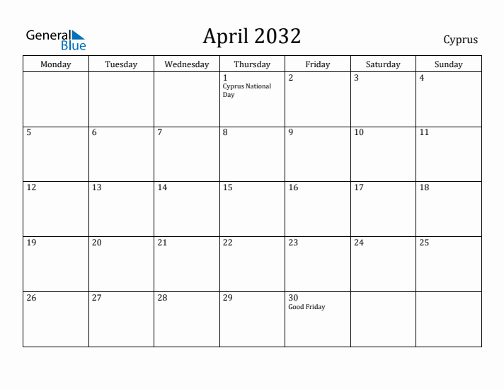 April 2032 Calendar Cyprus