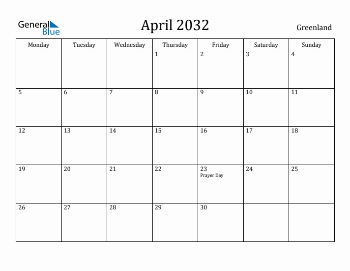 April 2032 Calendar Greenland