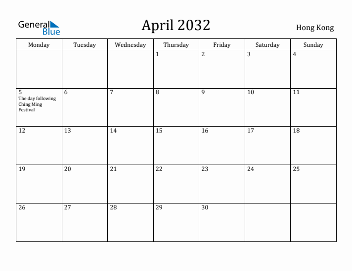 April 2032 Calendar Hong Kong