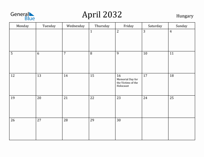 April 2032 Calendar Hungary