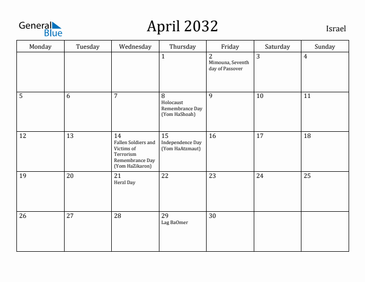 April 2032 Calendar Israel
