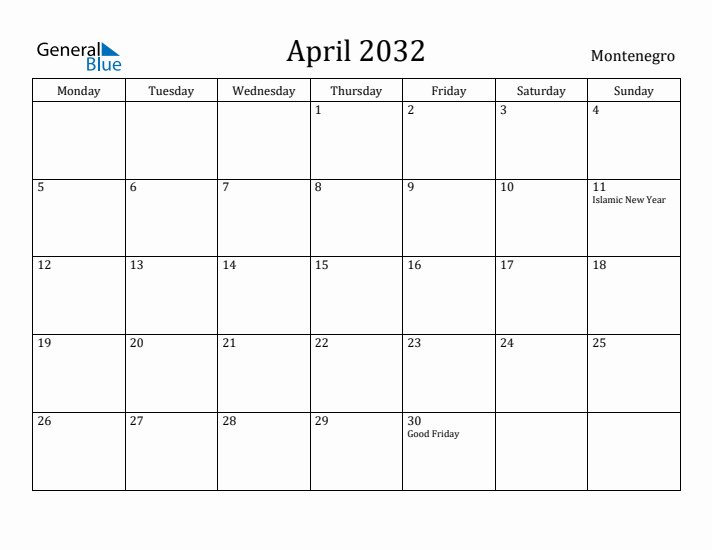 April 2032 Calendar Montenegro