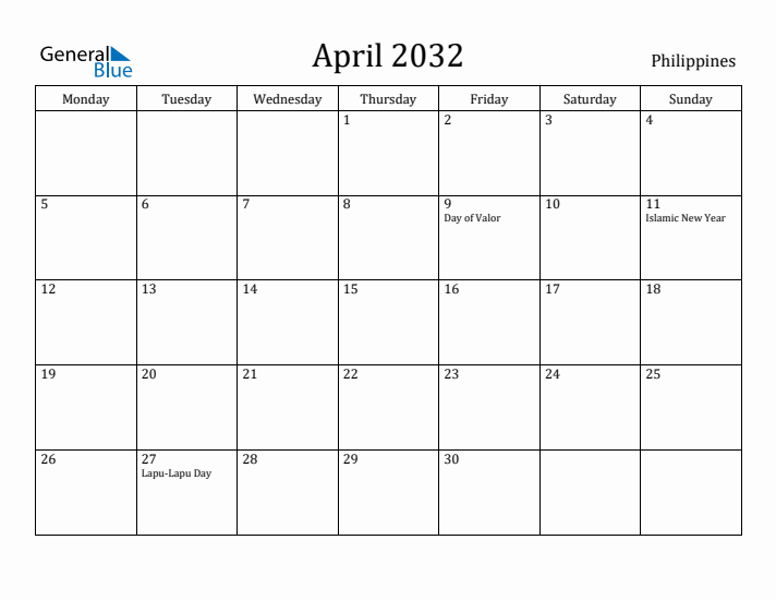 April 2032 Calendar Philippines