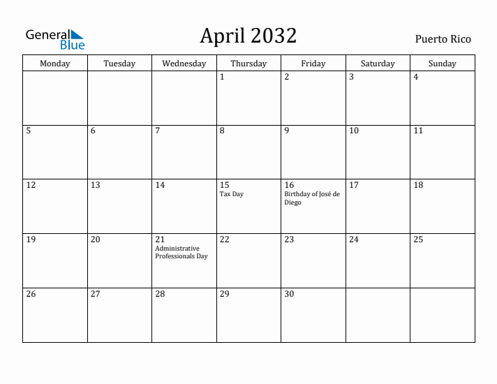 April 2032 Calendar Puerto Rico