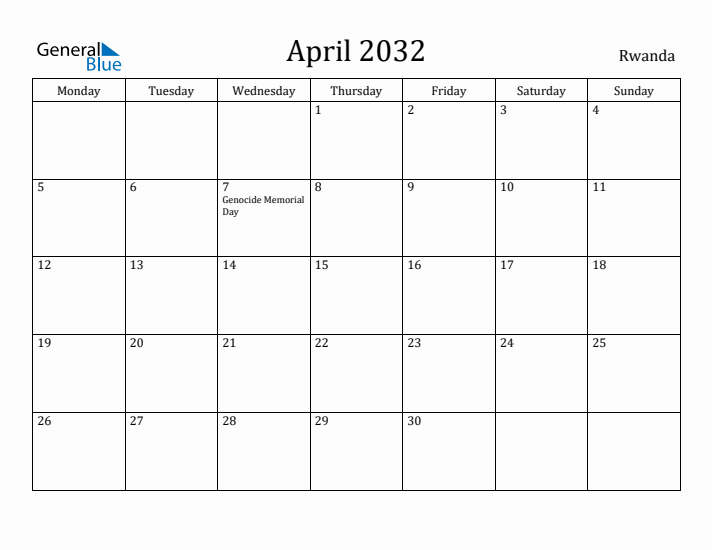 April 2032 Calendar Rwanda