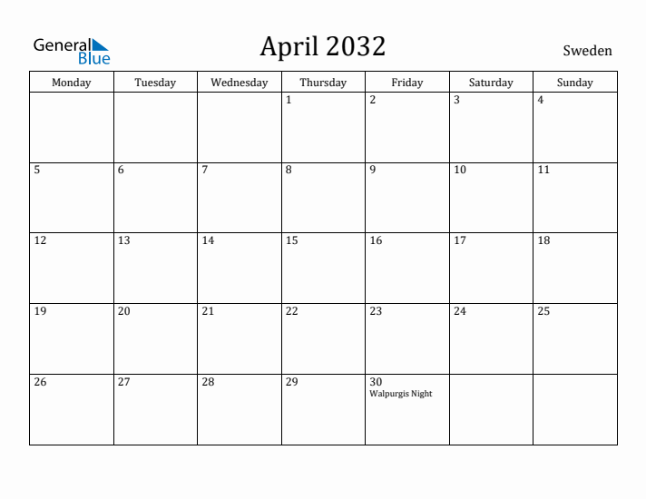 April 2032 Calendar Sweden