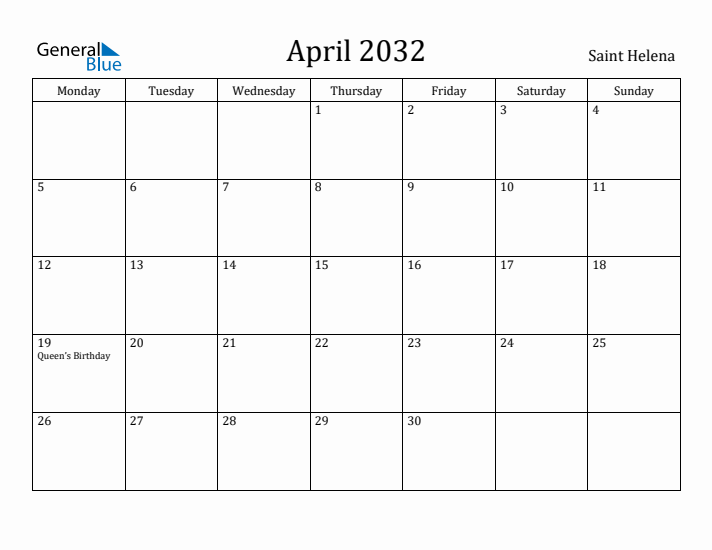 April 2032 Calendar Saint Helena