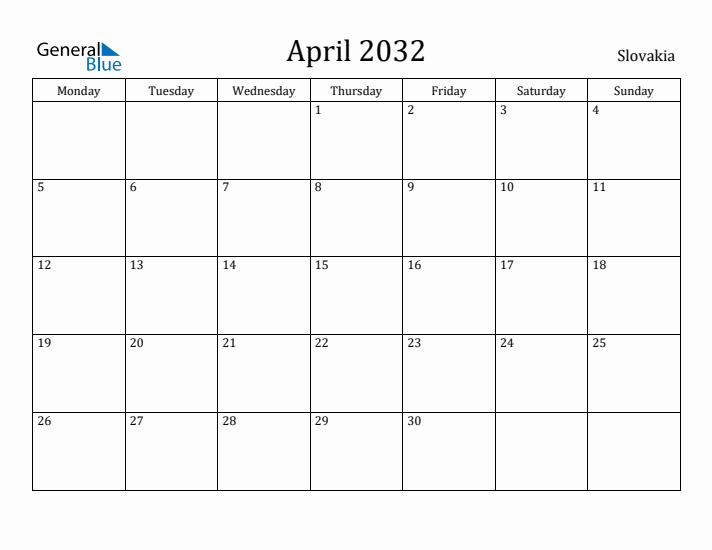 April 2032 Calendar Slovakia